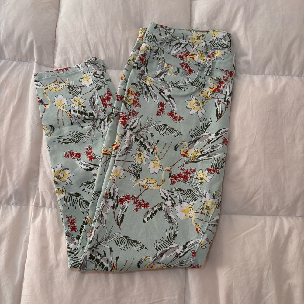 Teal Tropical Flamingo Floral Print Stretch Taper Suko Jeans Size 8
